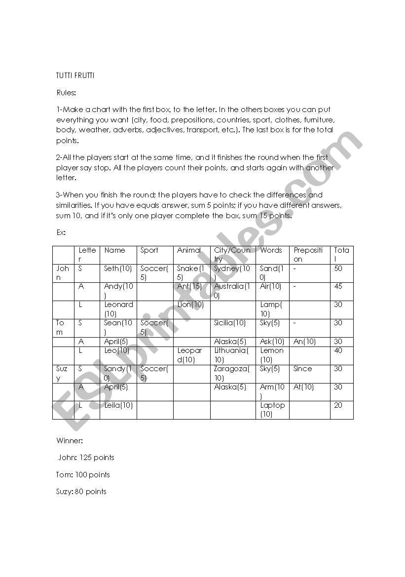 TUTTI FRUTTI worksheet