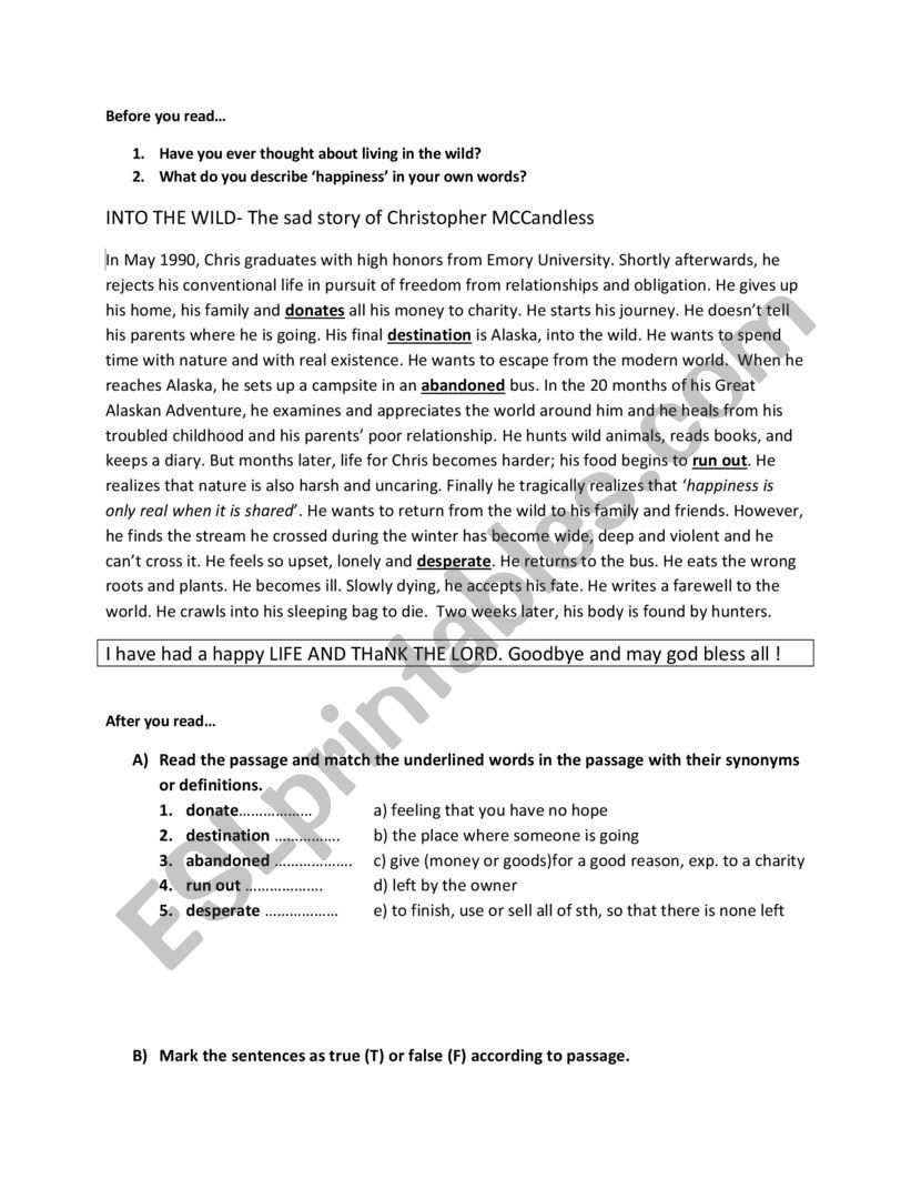 Reading comprehension worksheet