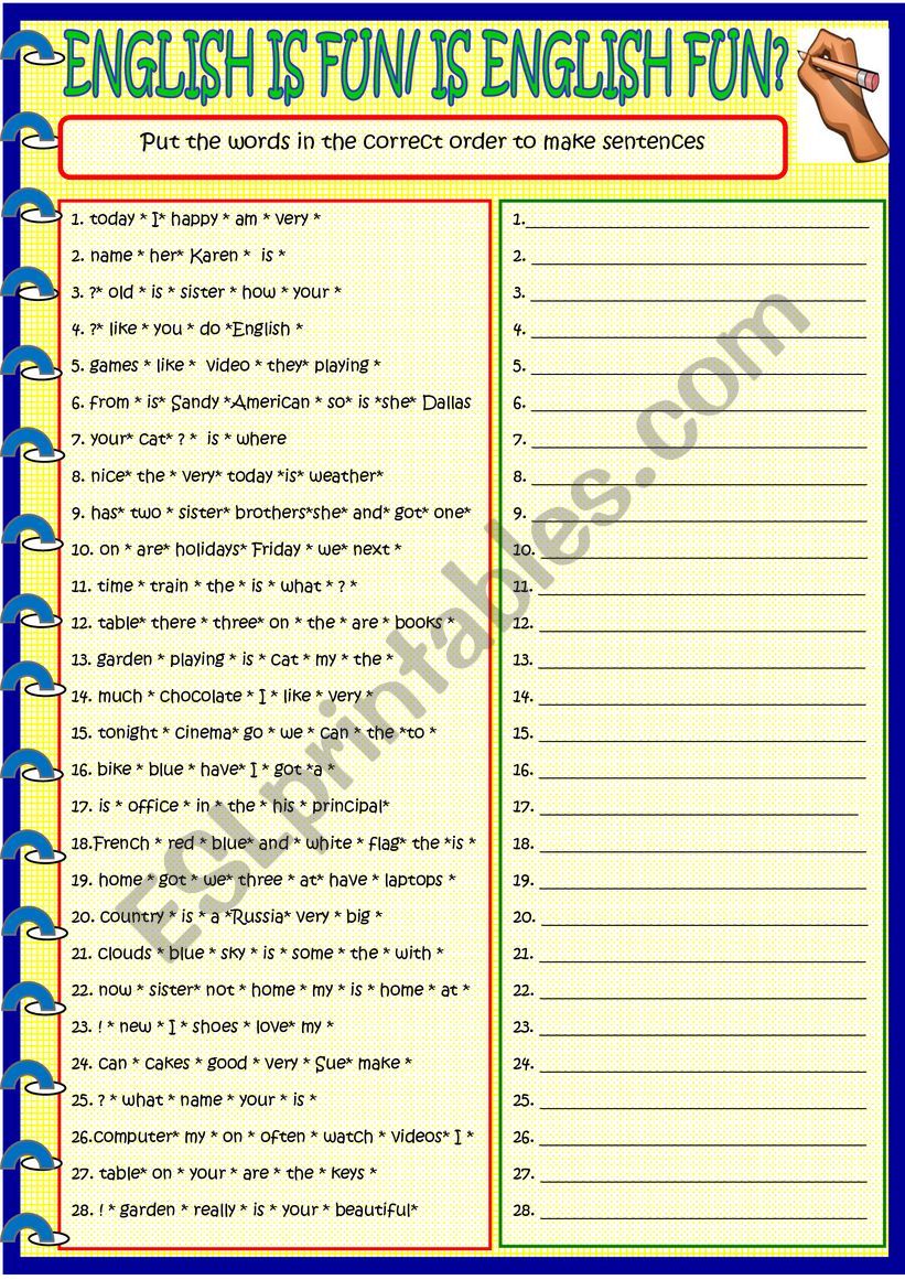 Sentence building with key worksheet