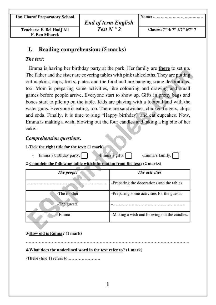 7th form exam worksheet