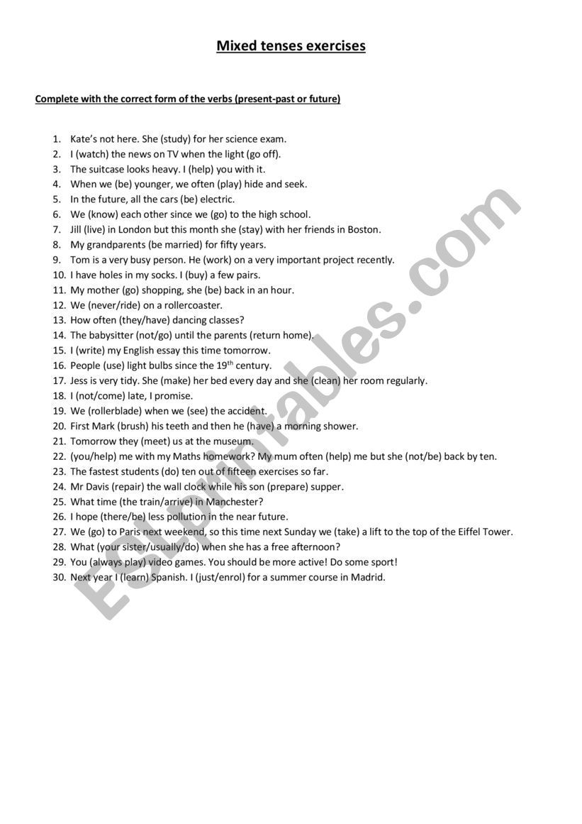 mixed tenses ex worksheet