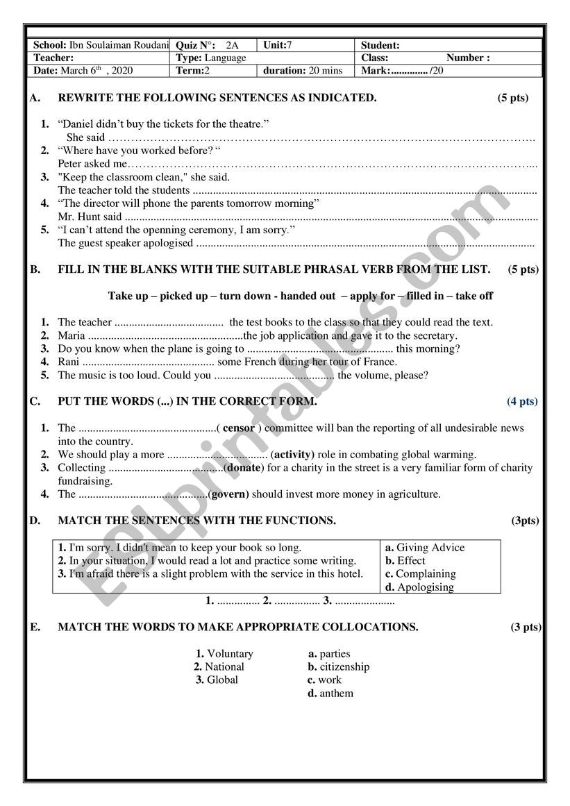 TEST 2BAC STUDENTS UNITS 6 AND 7 TICKET2