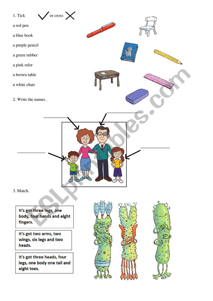 Revision of school objects, colours, members of family and have got