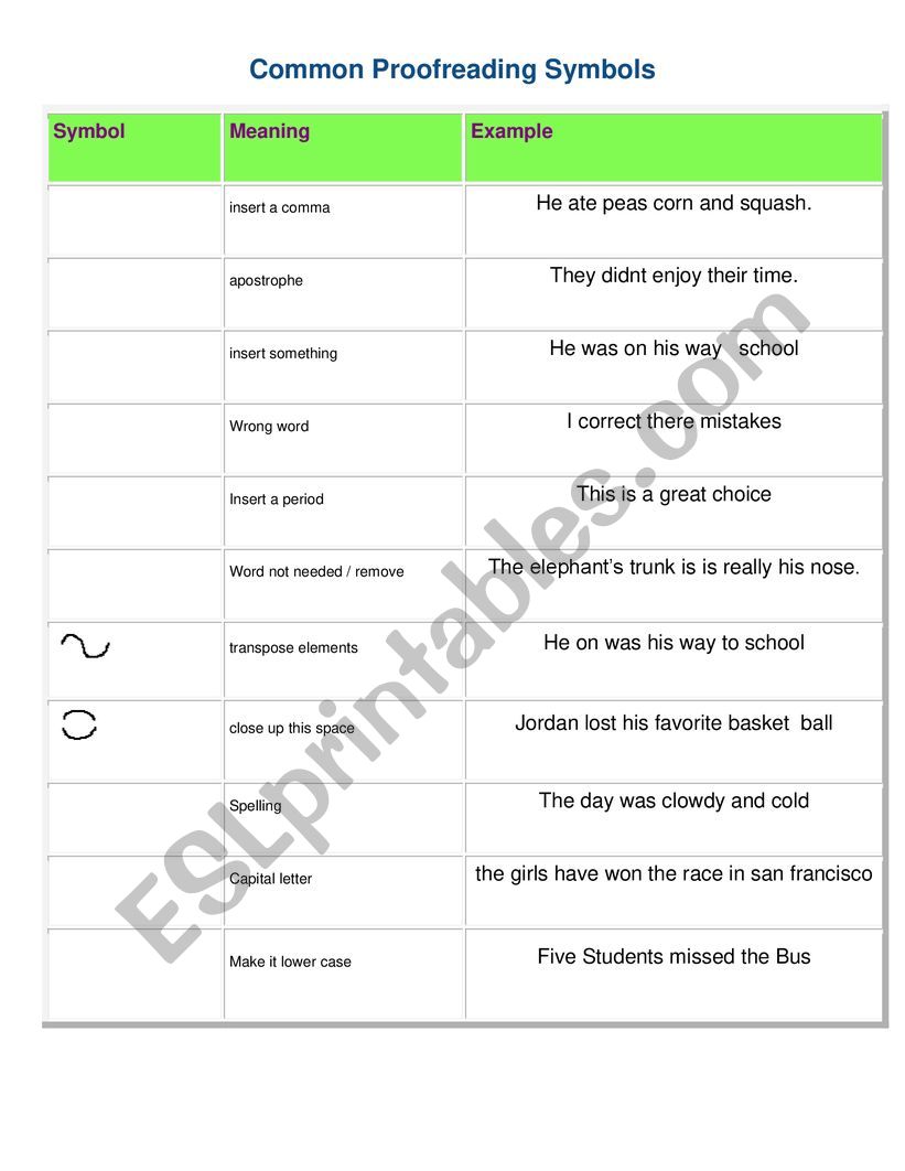 Proofreading symbols worksheet