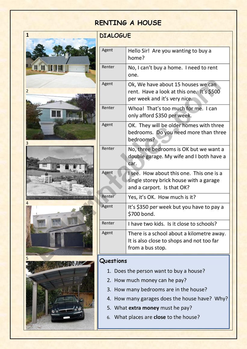Renting a house (Australia) worksheet