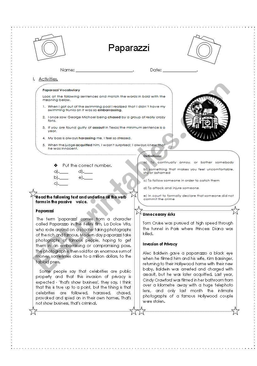 Paparazzi worksheet