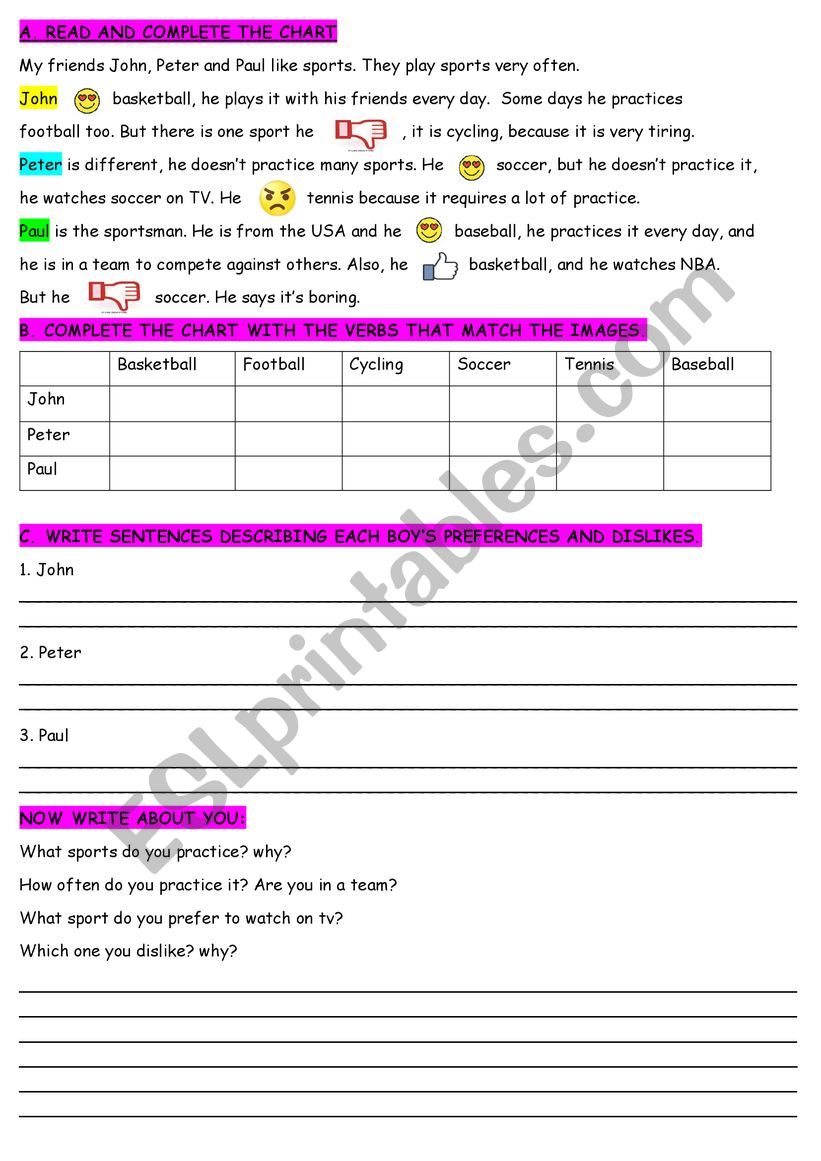 Worksheet on sports preferences