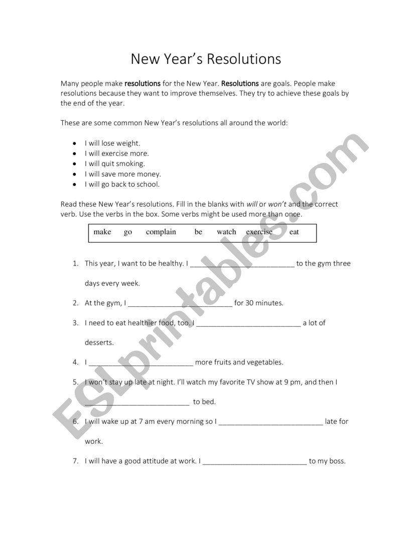 New year�s resolution worksheet
