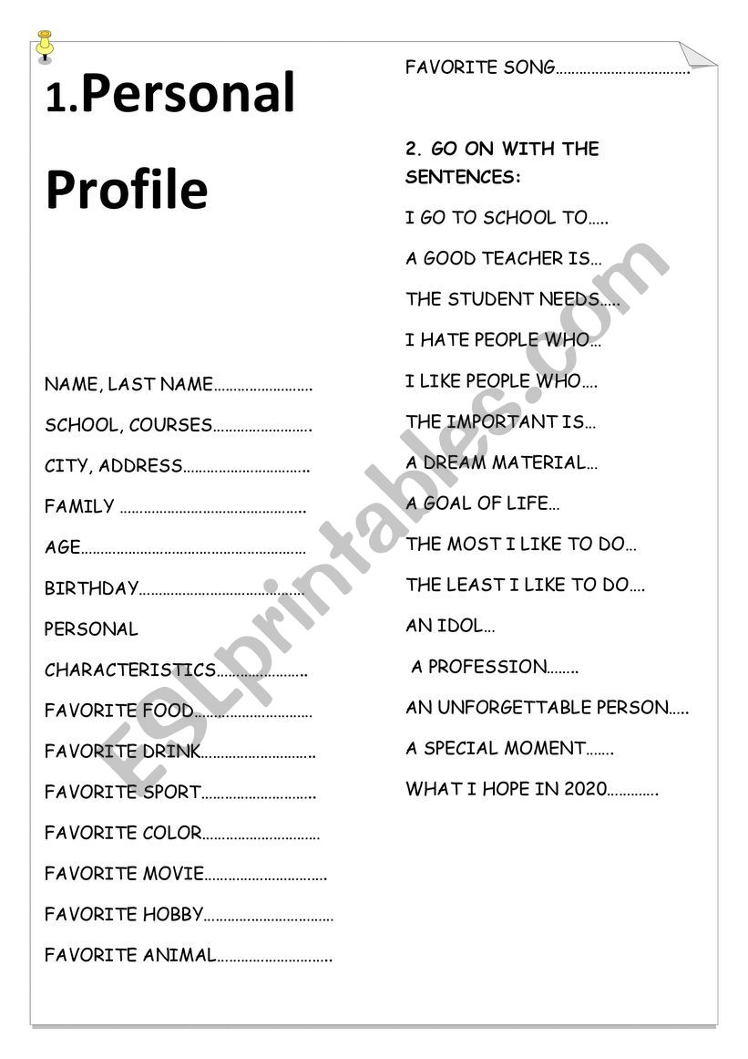 Personal profile for students worksheet