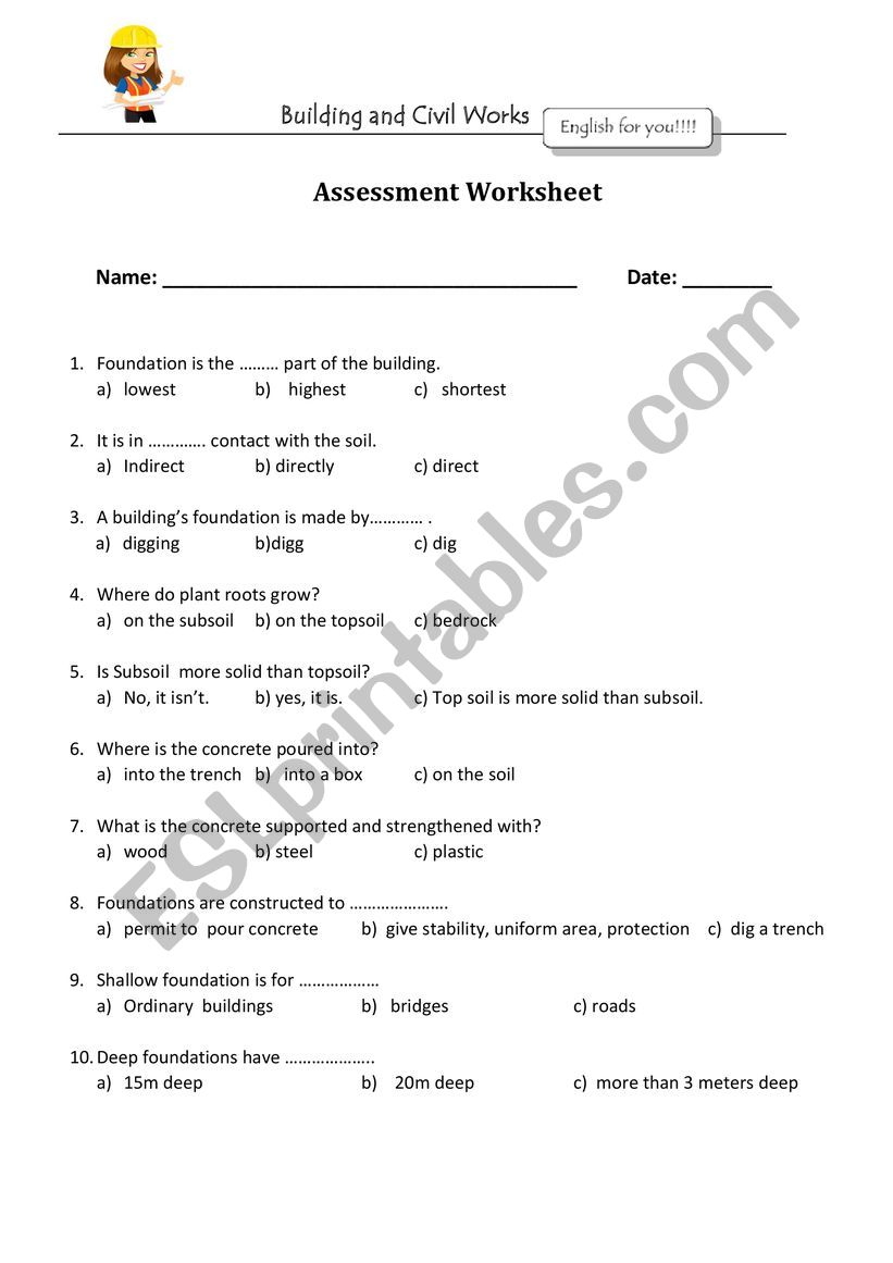 CIVIL CONSTRUCTION ASSESSMENT worksheet