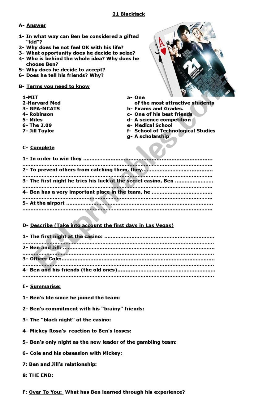 Film 21 Blackjack worksheet