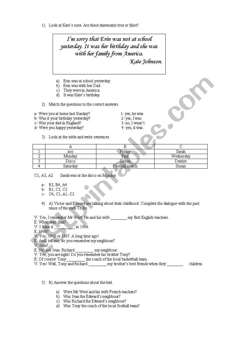 to be (past tense)  worksheet