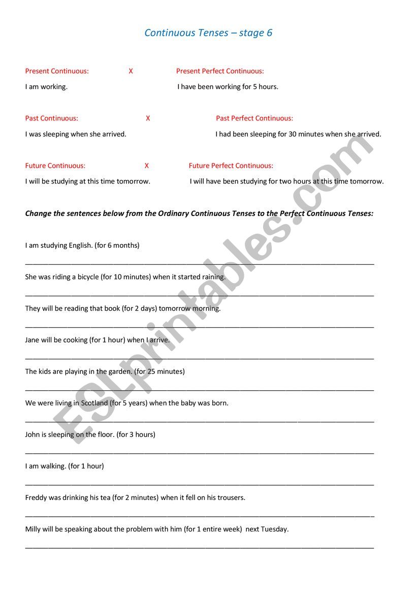 Continuous tenses worksheet