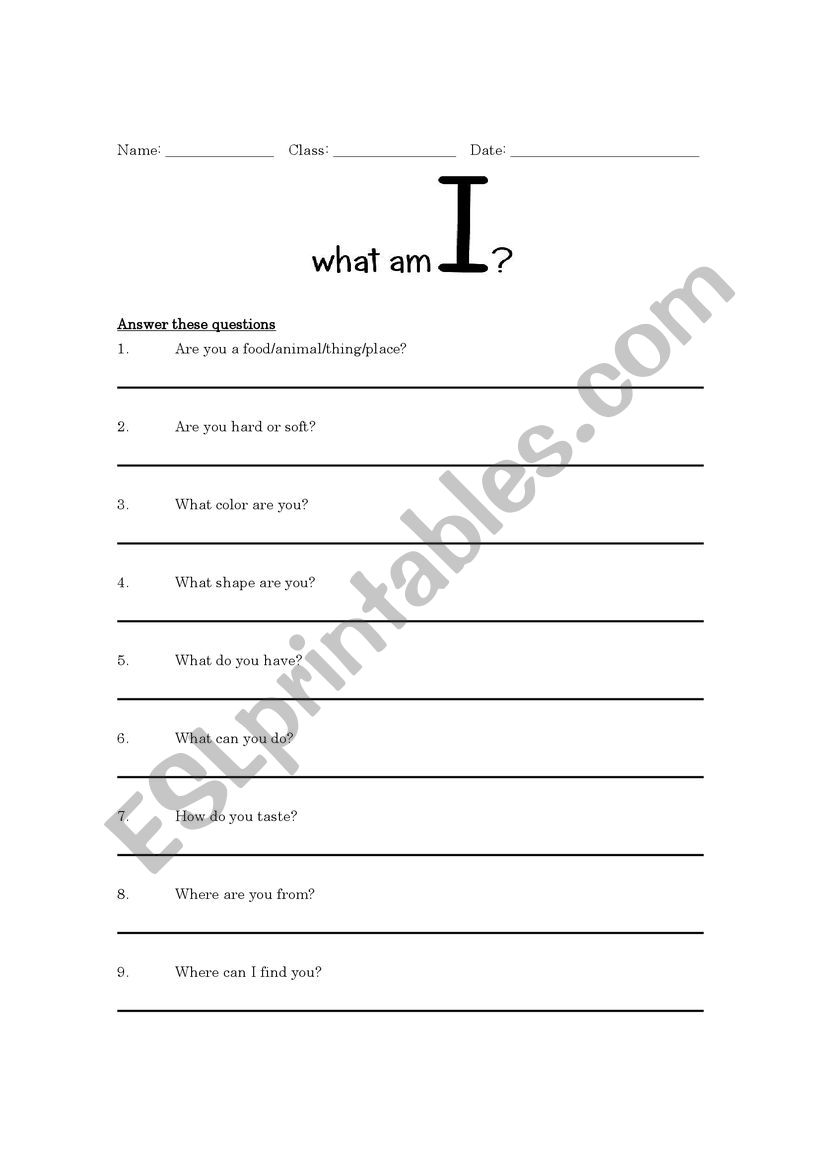 What Am I game? worksheet