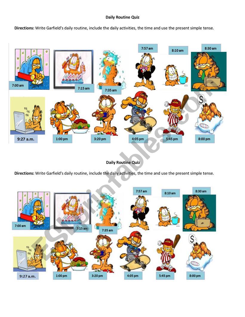 Garfields Daily Routine (present simple worksheet- writing exercise)