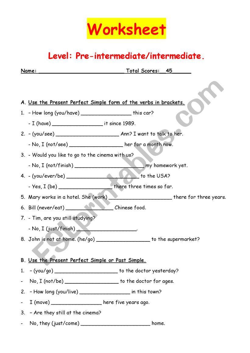 Worksheet for present perfect simple vs past simple