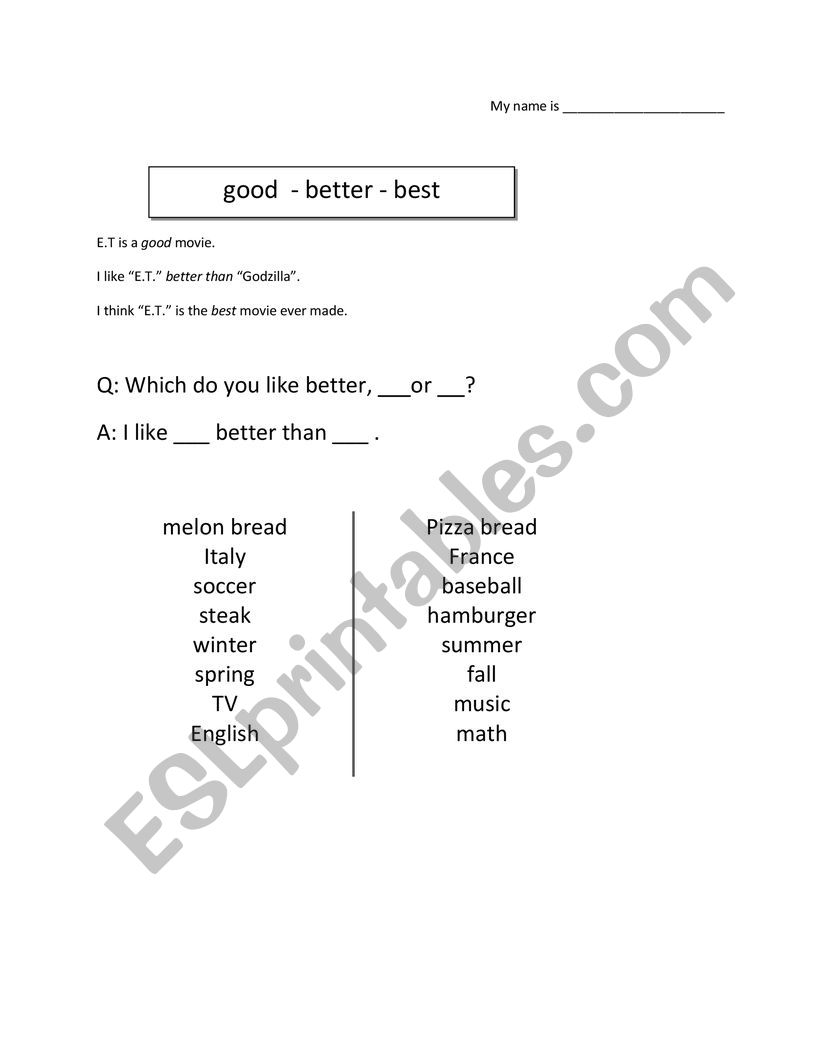 Good, better, best worksheet