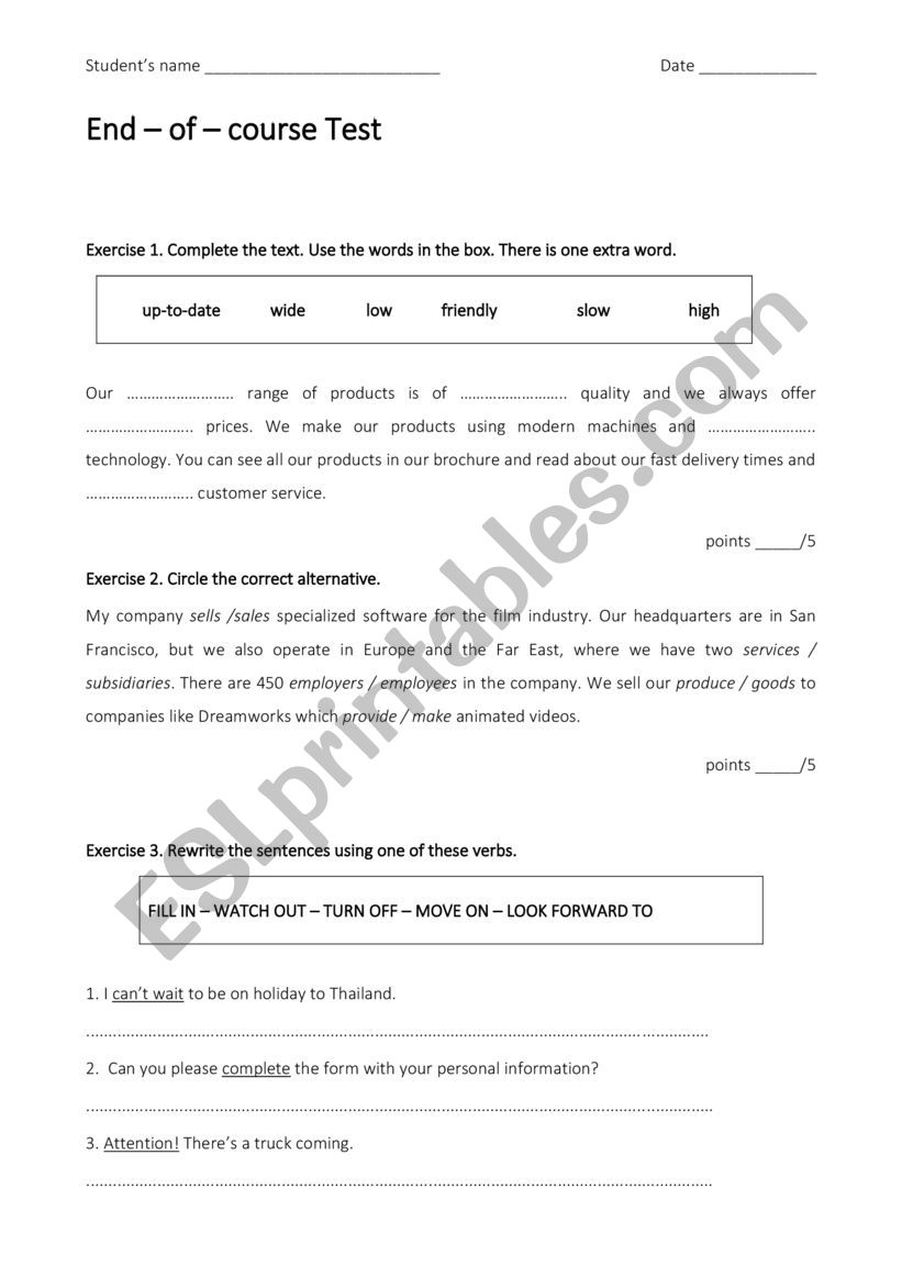 Business English test worksheet