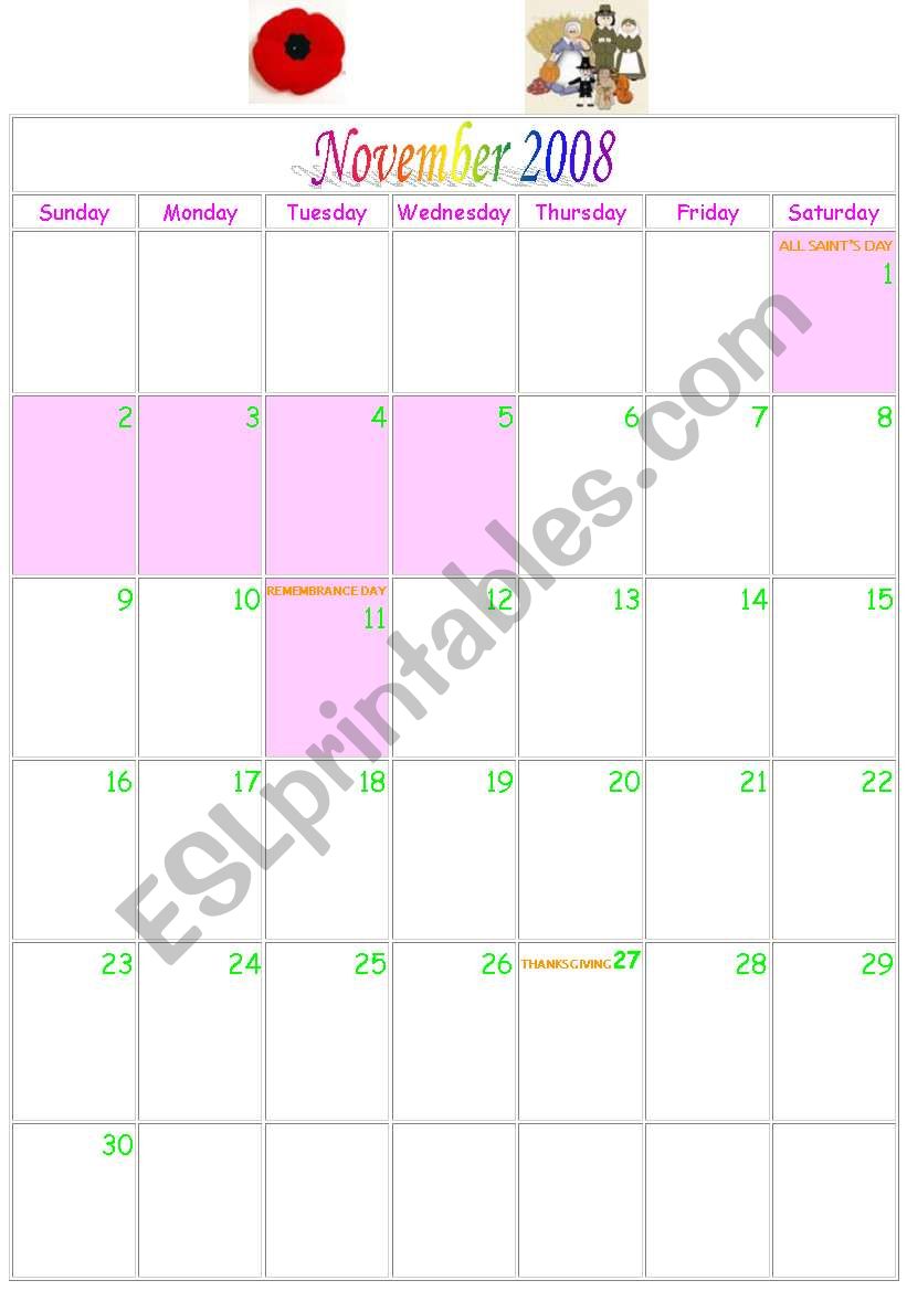 calendar sepember 2008-january 2009 (part 1) - ESL worksheet by helenemonge