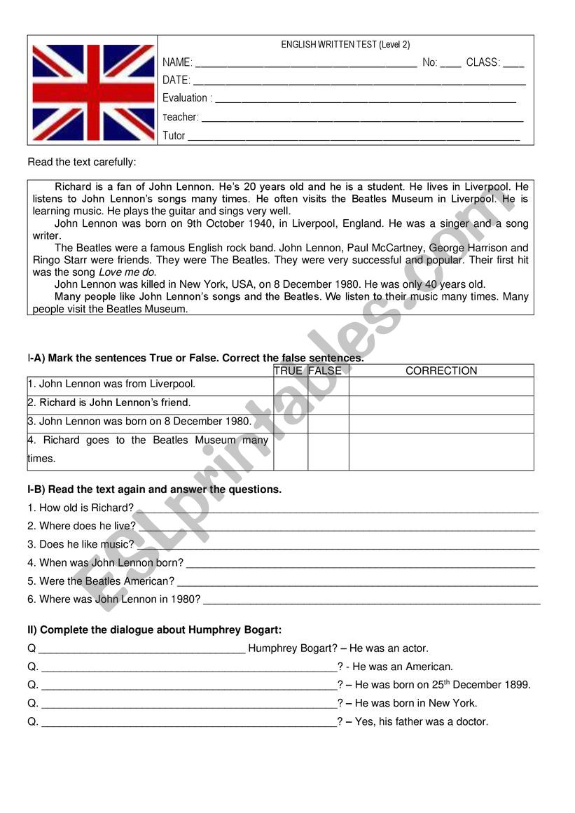 6th grade English Test- Past Simple Tense. This test has a text, comprehension about the test. grammar and a small composition