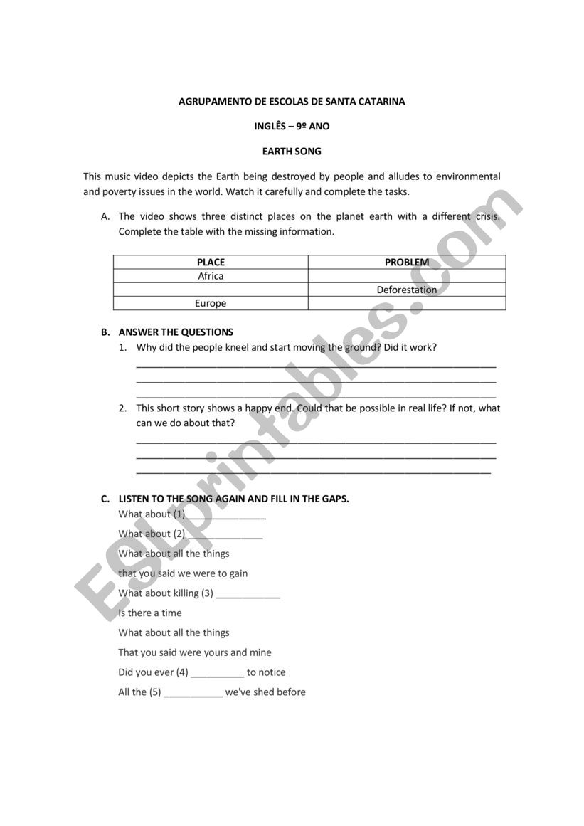 Earth Song by Michael jackson worksheet