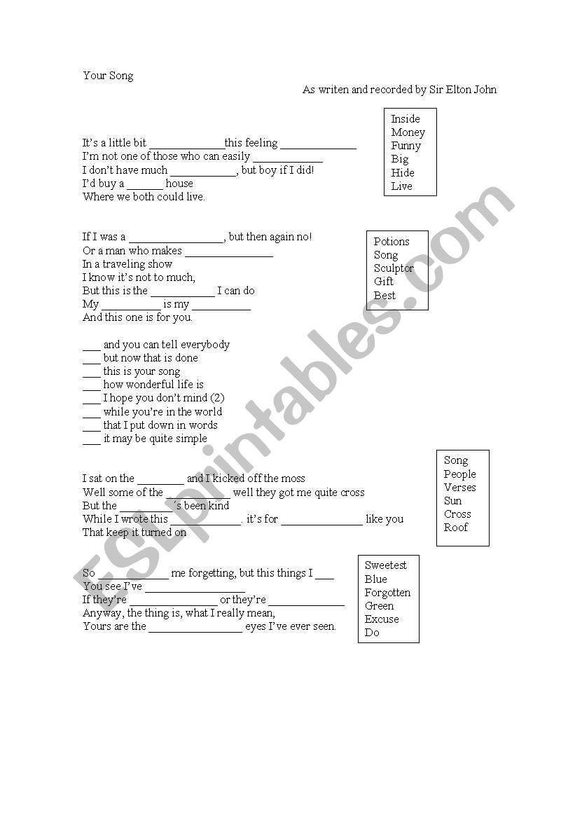 your song by elton john worksheet