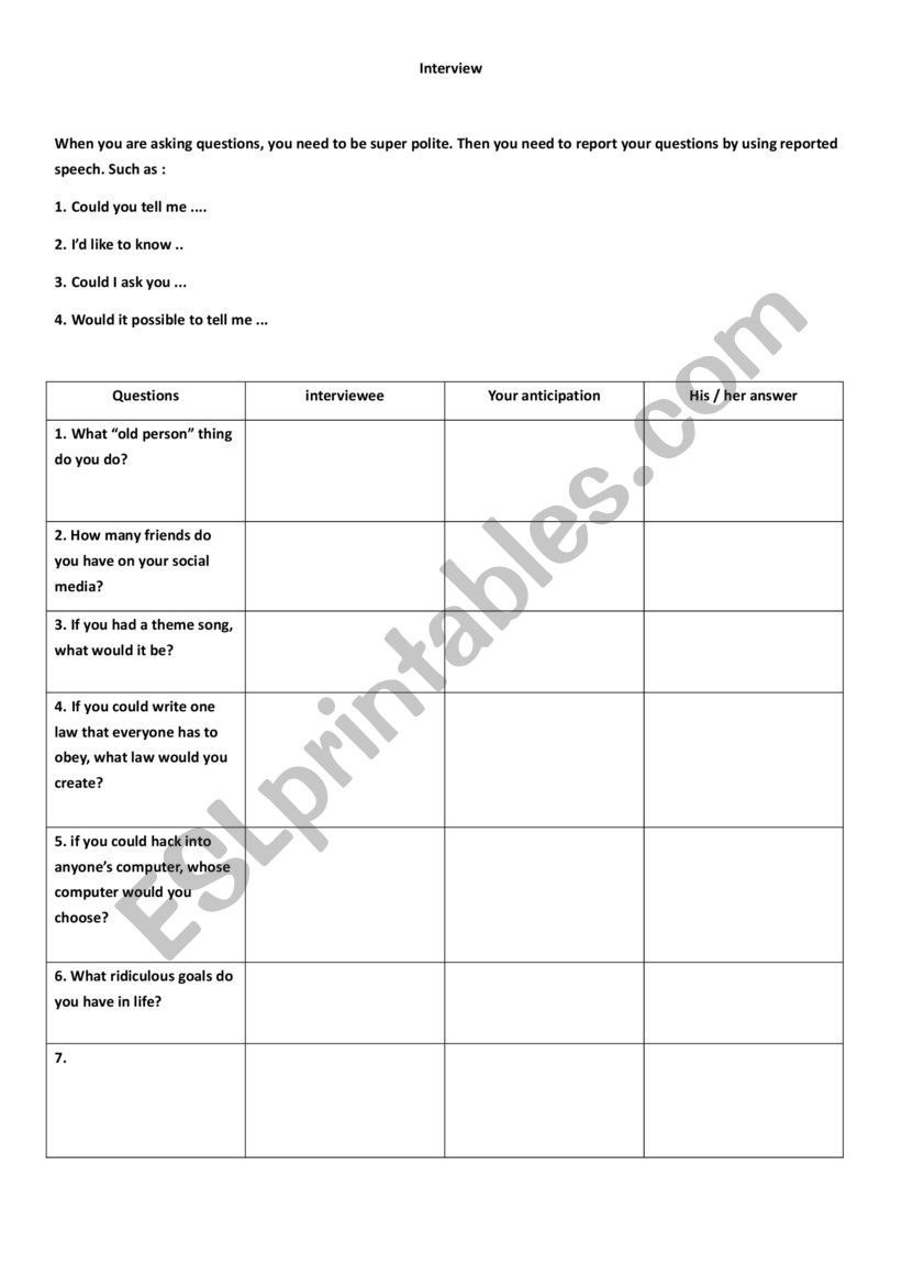 an interview for practising reporting questions and statements 