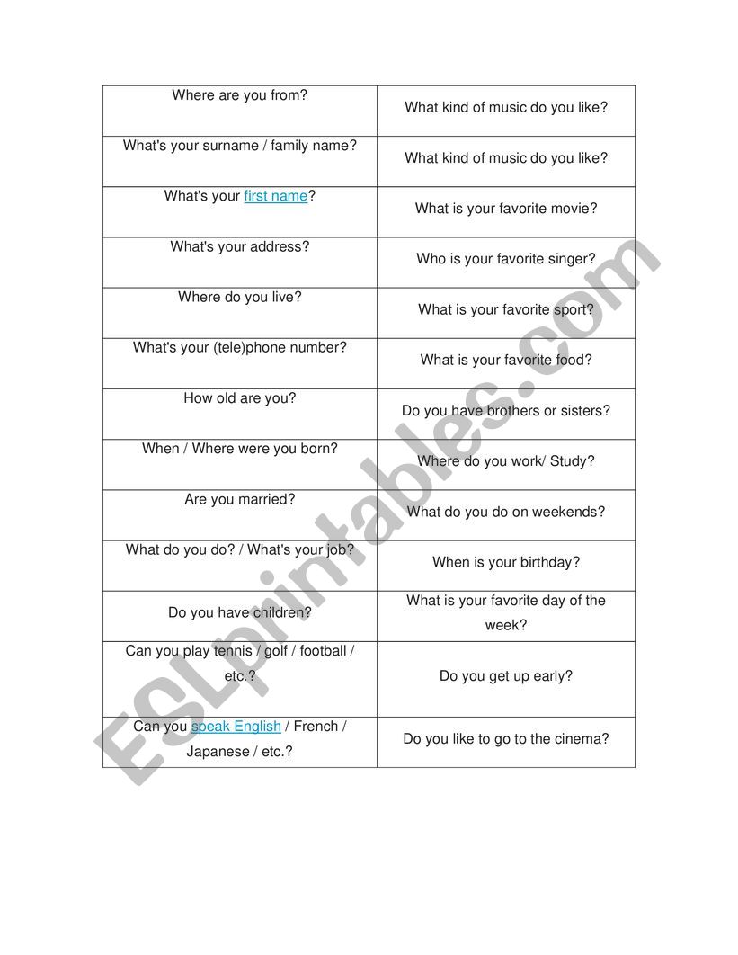 General Information Questions worksheet