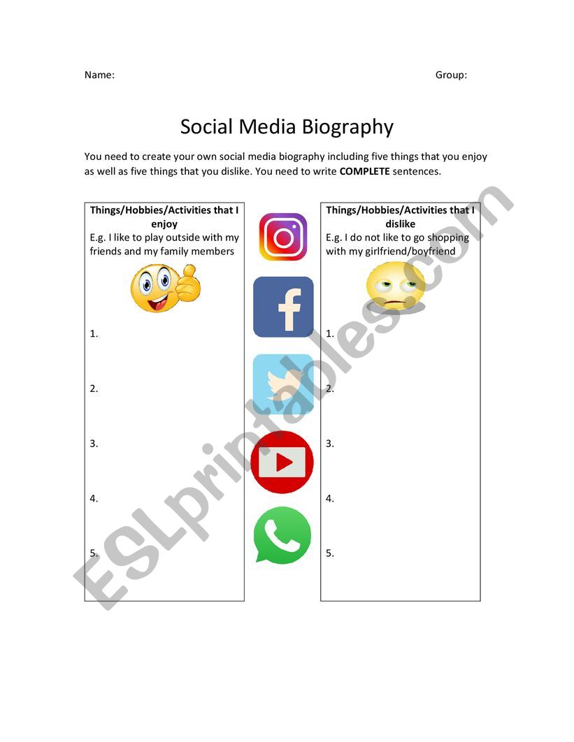 Social Media Biography worksheet