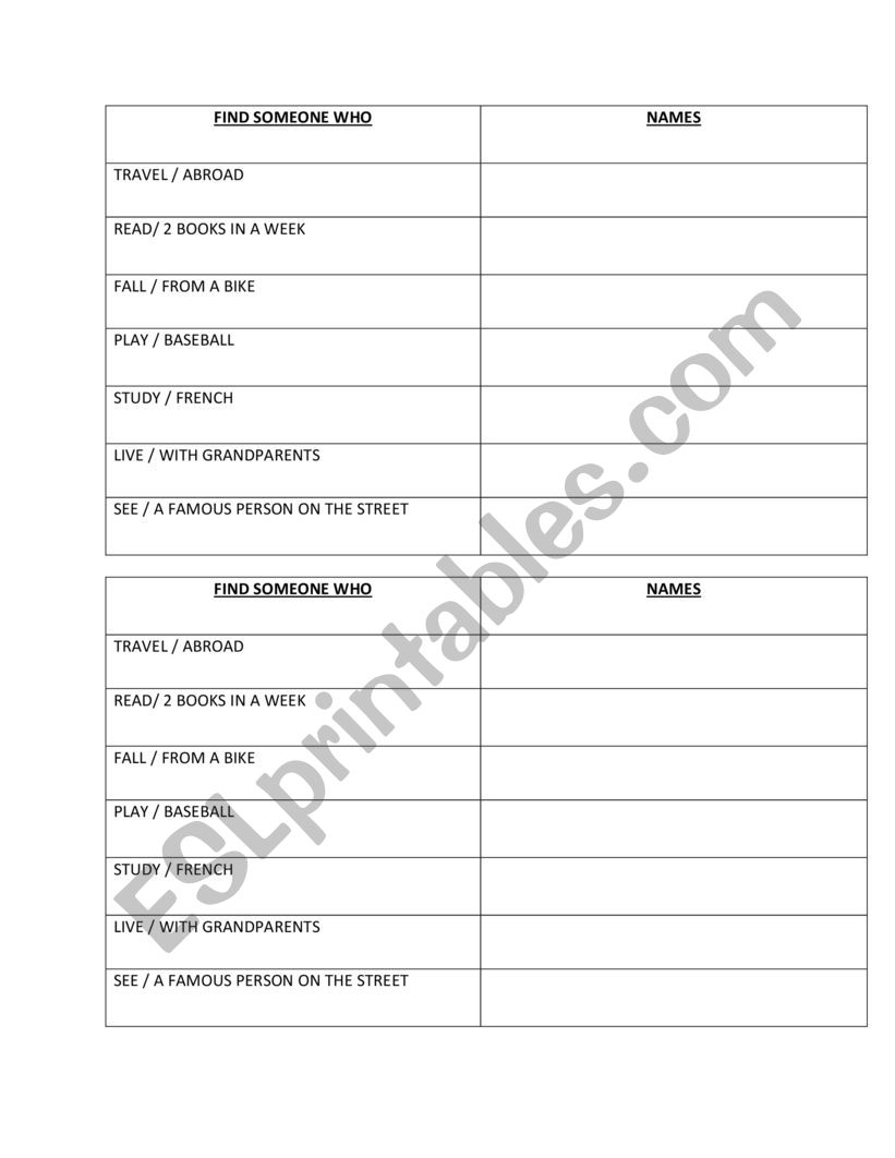 FIND SOMEONE WHO (PRESENT PERFECT)