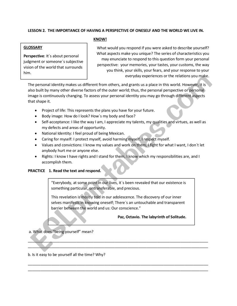 Perspective of oneself worksheet