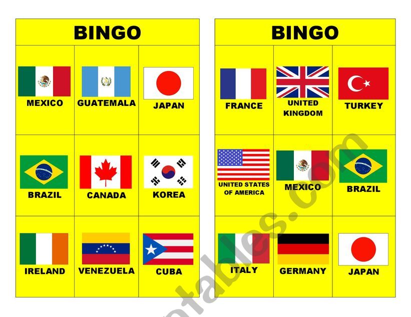BINGO COUNTRIES AND NATIONALITIES WITH CARDS 