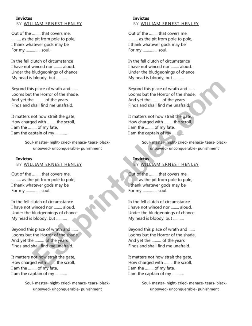 Invictus (poem) worksheet
