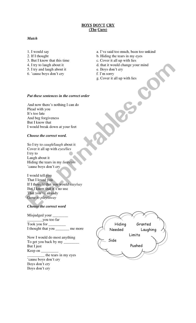 Boy�s Don�t Cry- Song worksheet