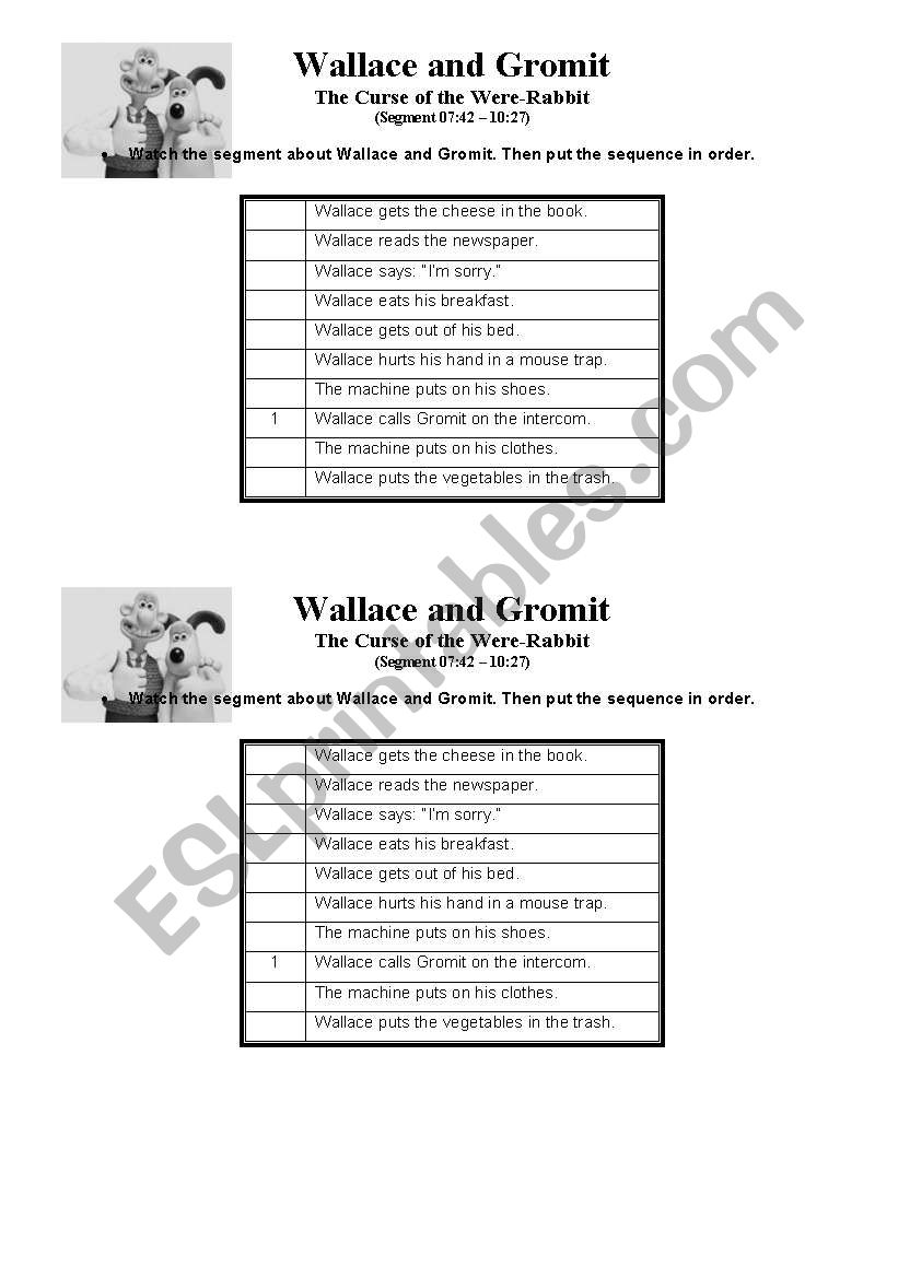 Wallace and Gromit worksheet