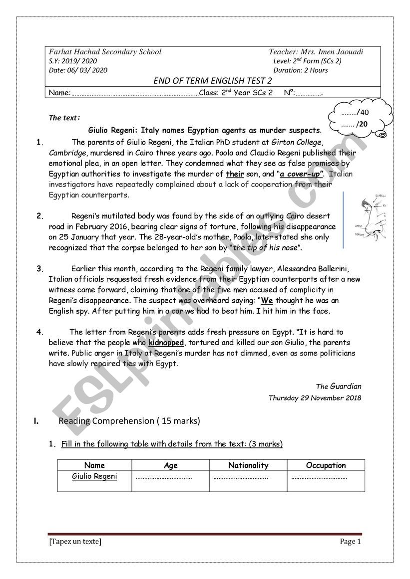 End Of term test 2 worksheet