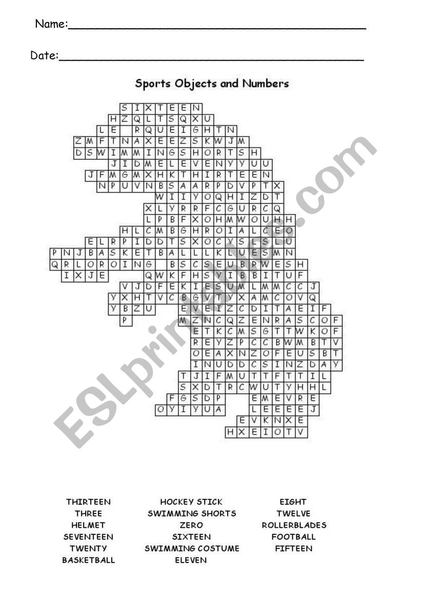FIND THE WORDS. Sports Objects and Numbers