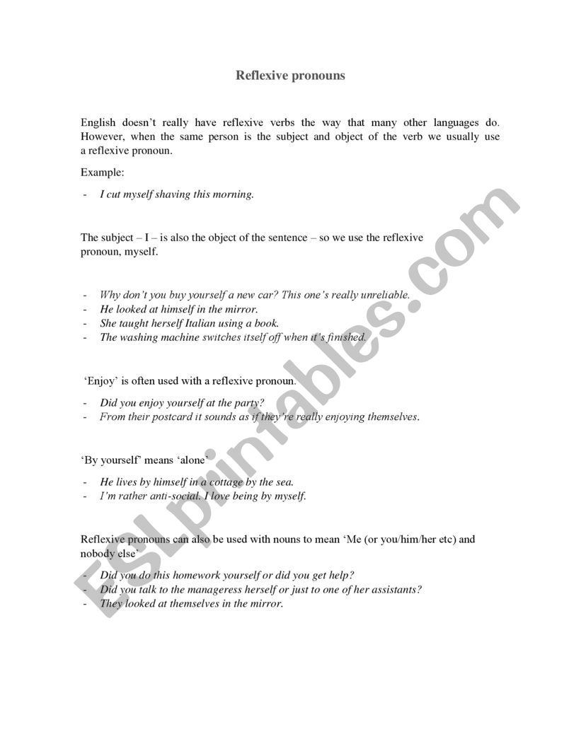 reflexive pronouns worksheet