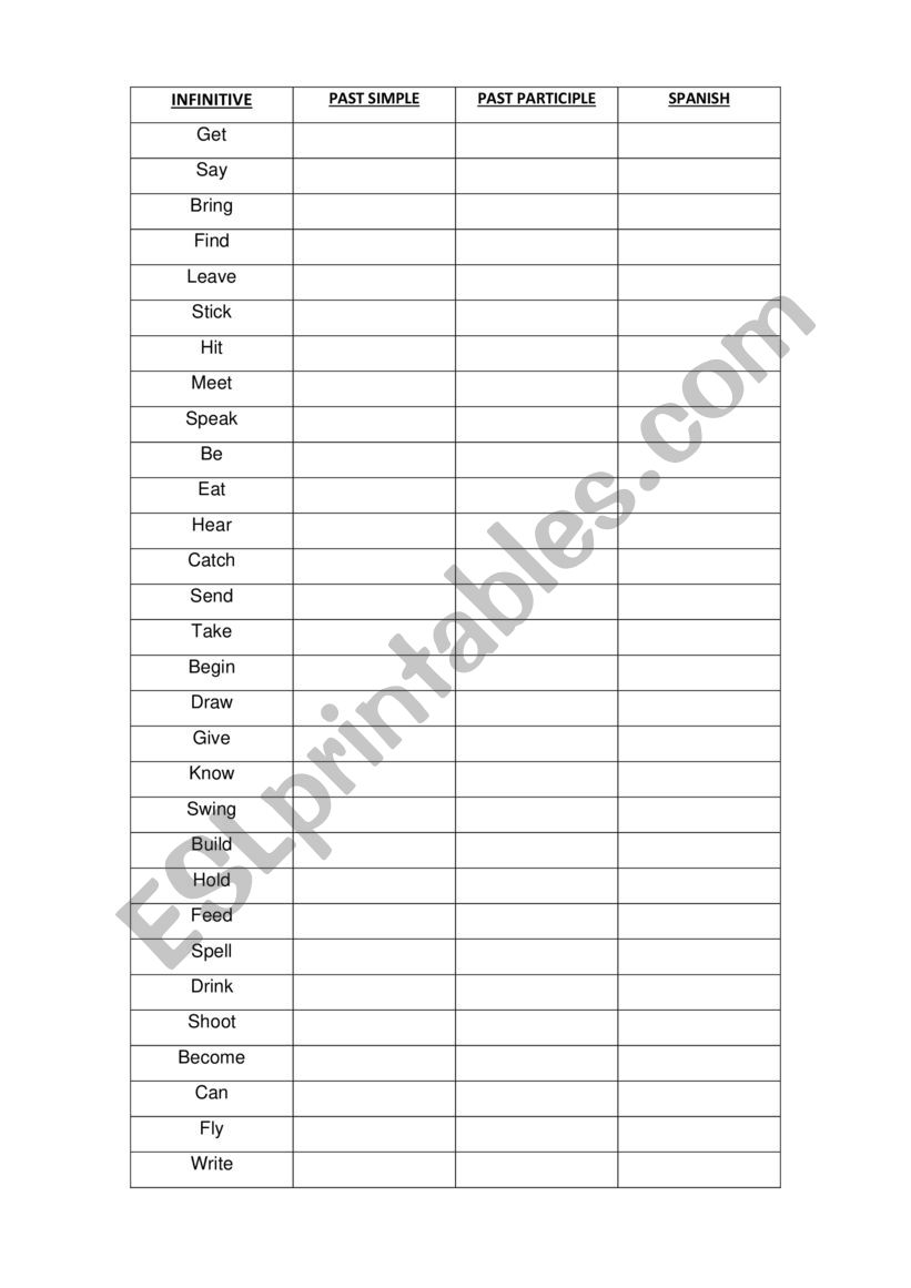 Irregular verbs exam worksheet
