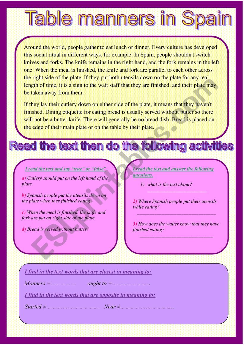 table manners in Spain worksheet