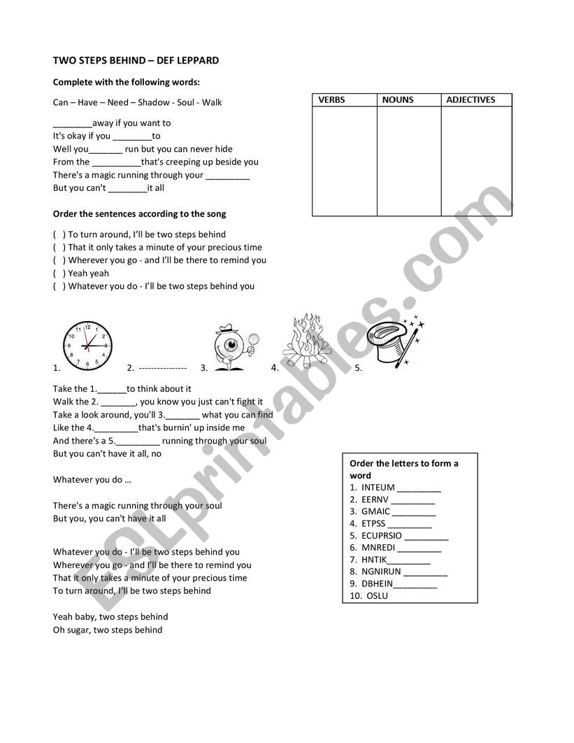 Worksheet song Two Steps Behind