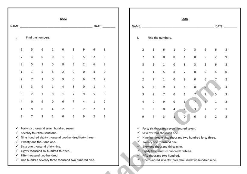 NUMBERS worksheet