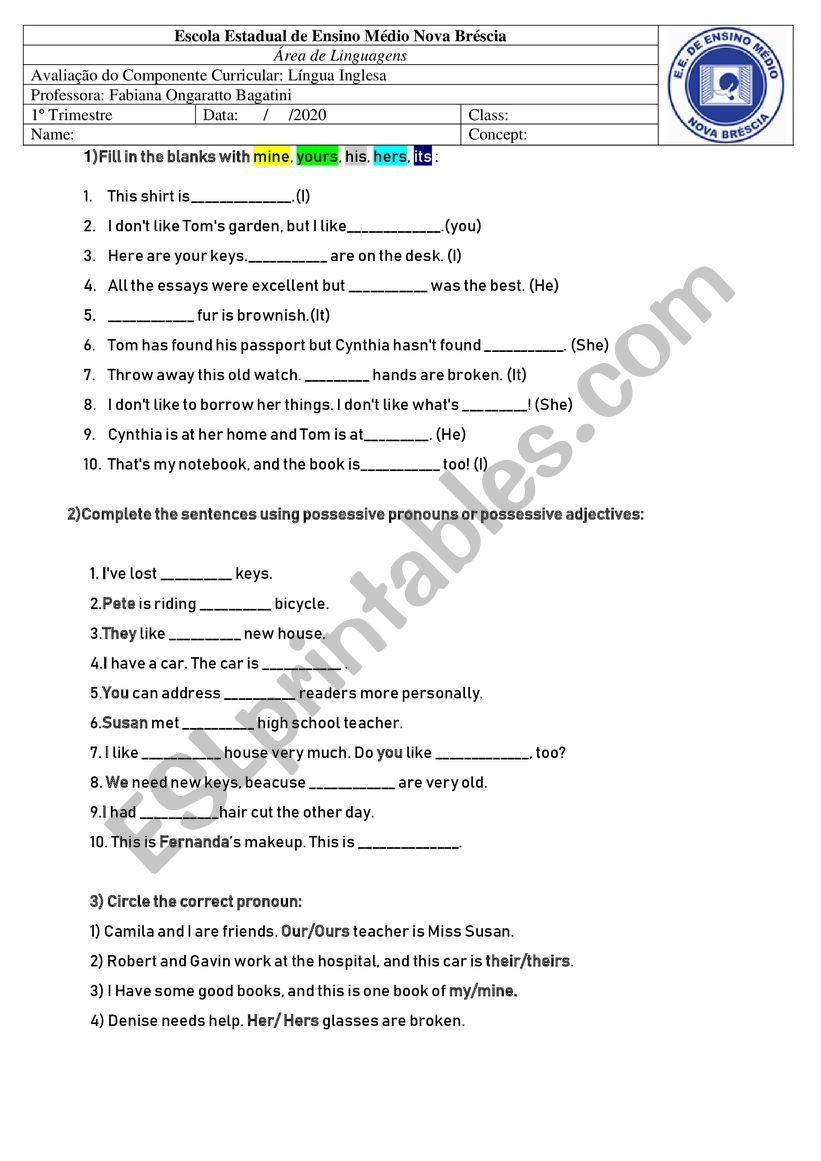 test pronouns worksheet