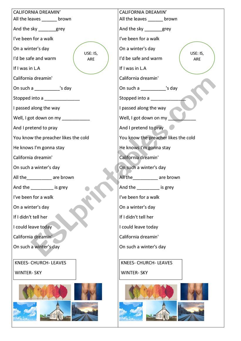 SONG CALIFORNIA DREAMIN worksheet