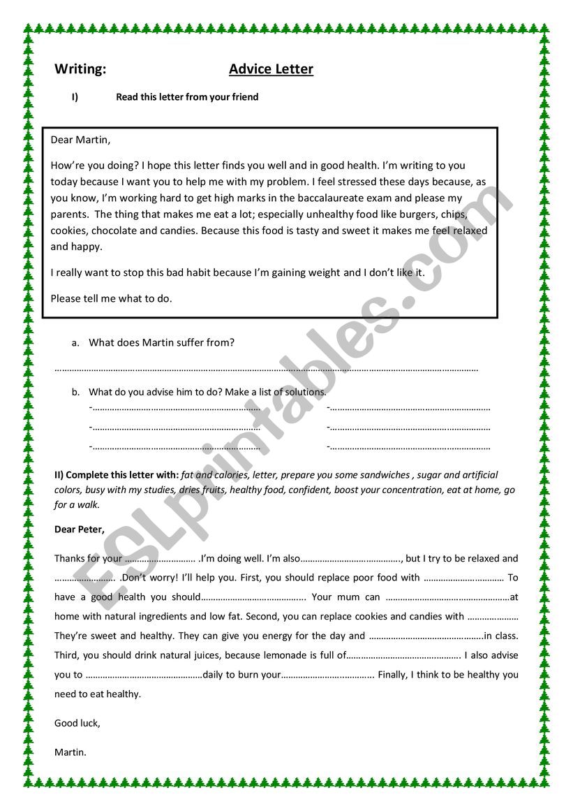 Advice letter to a friend worksheet