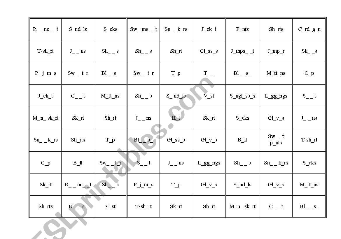 Vowel - clothing items - bingo