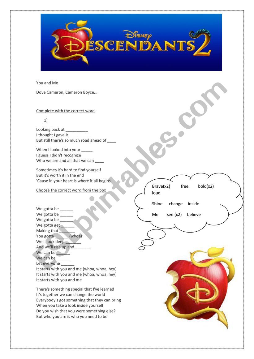 Descendants 2 you and me song worksheet