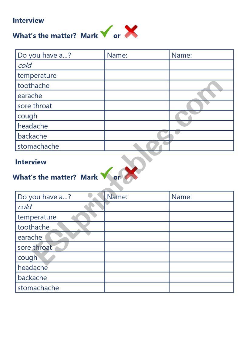 interview health problems worksheet