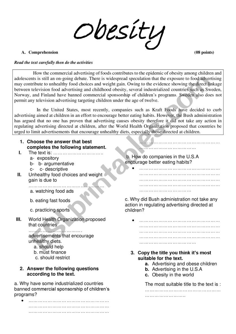 obesity issue worksheet