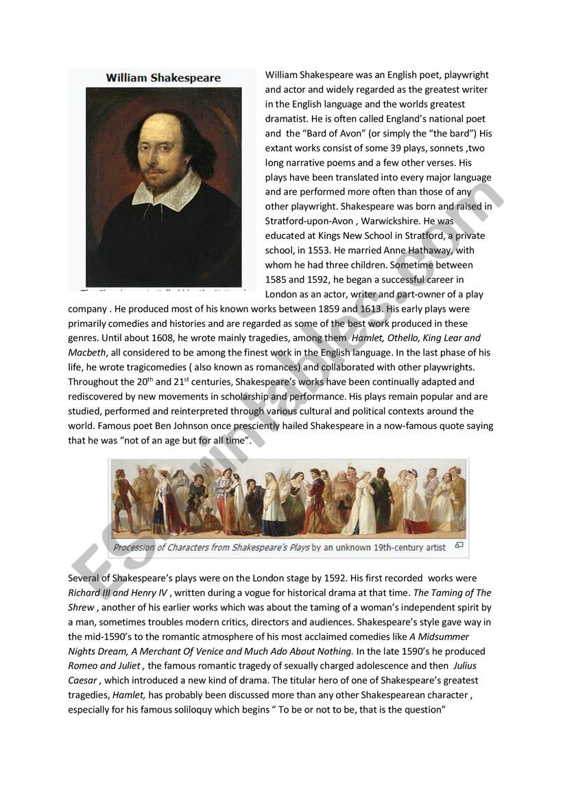 william shakespeare worksheet